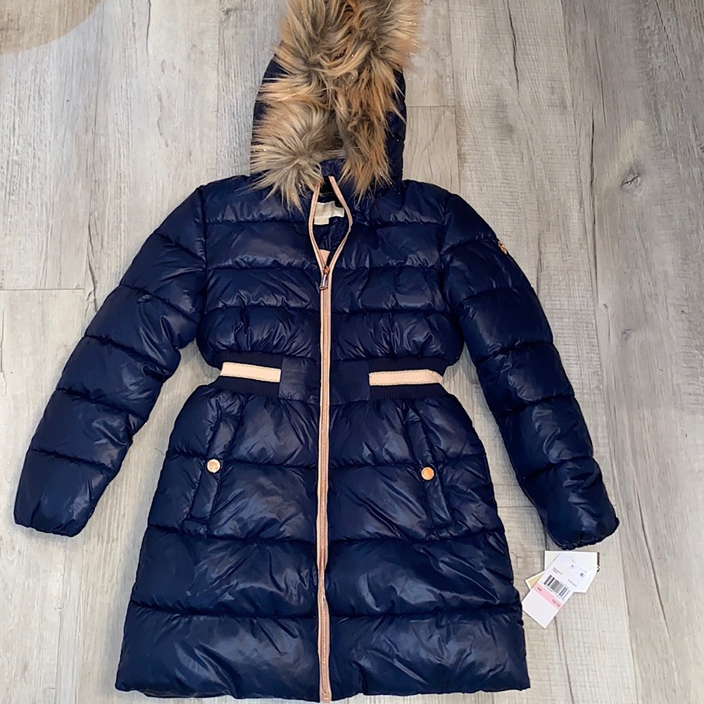 Michael Kors Navy & Pink puffer jacket with fur trimmed hood size 10/12 NWT